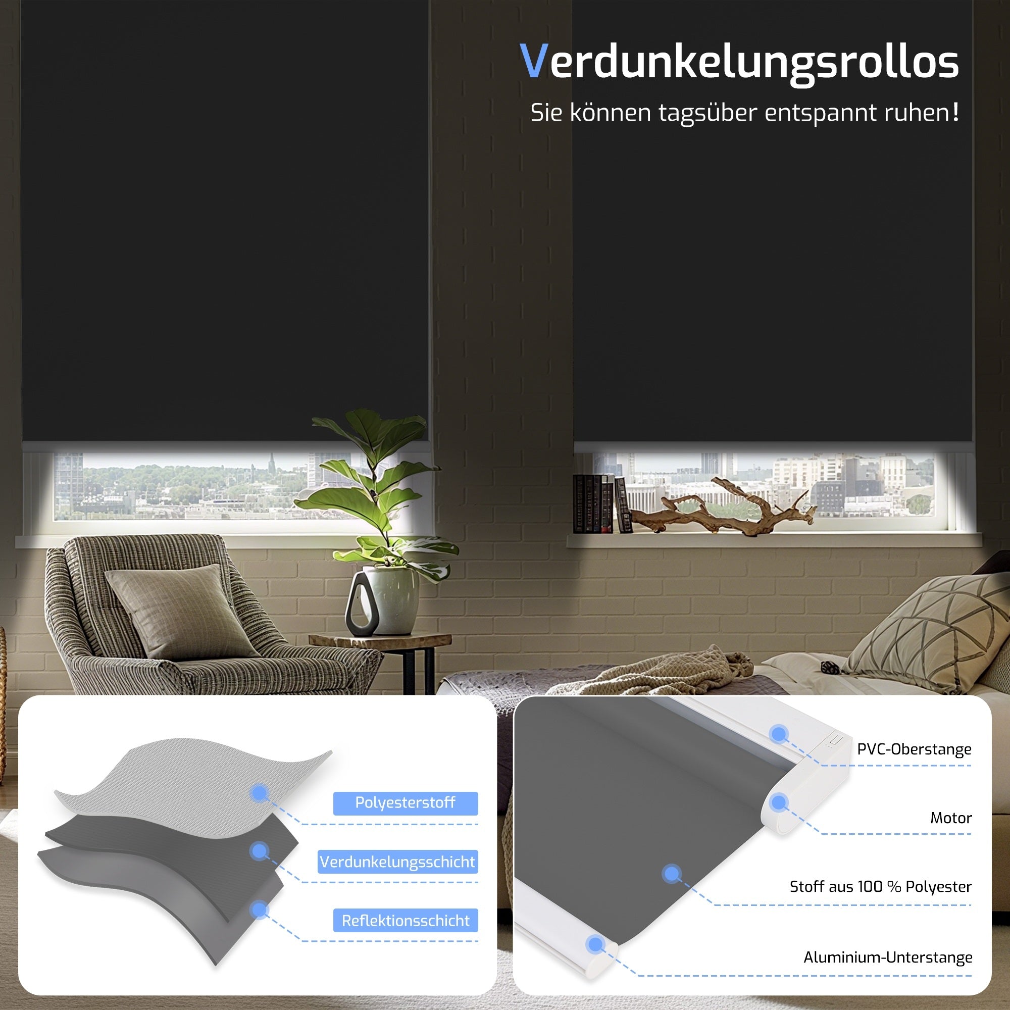 M130 Elektrisch | Verdunkelung | Klemmfix | Akku | Rollo | Standardgröße