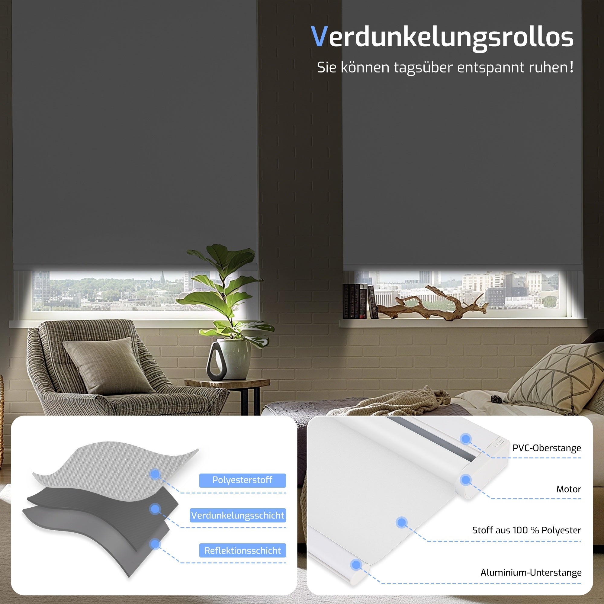 M130 Elektrisch | Verdunkelung | Klemmfix | Akku | Rollo | Standardgröße