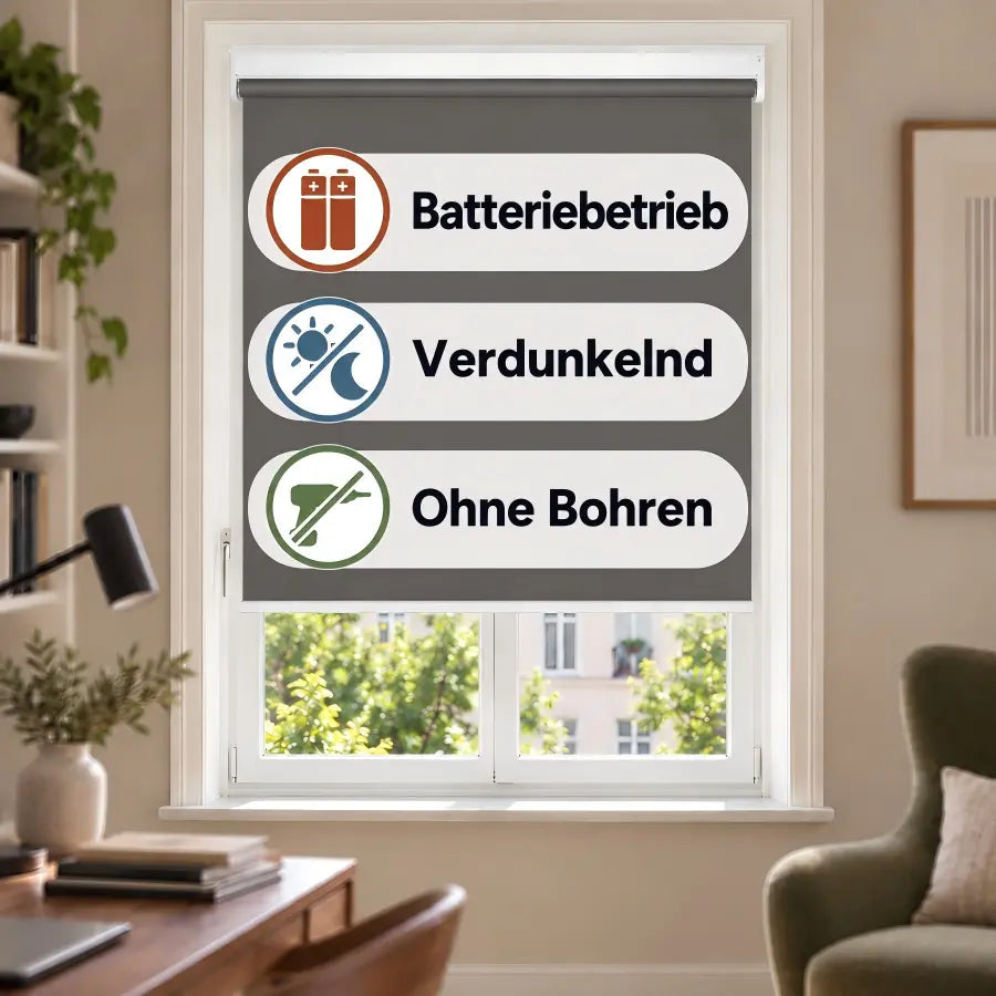Elektrisches Verdunkelungsrollo M100 mit Batterie – Dunkelgrau