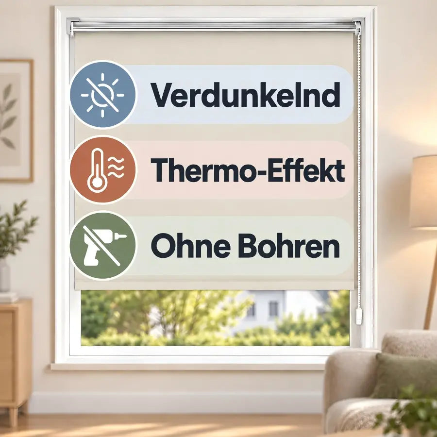Verdunkelungsrollo Klemmfix ohne Bohren mit Thermo-Effekt –Creme
