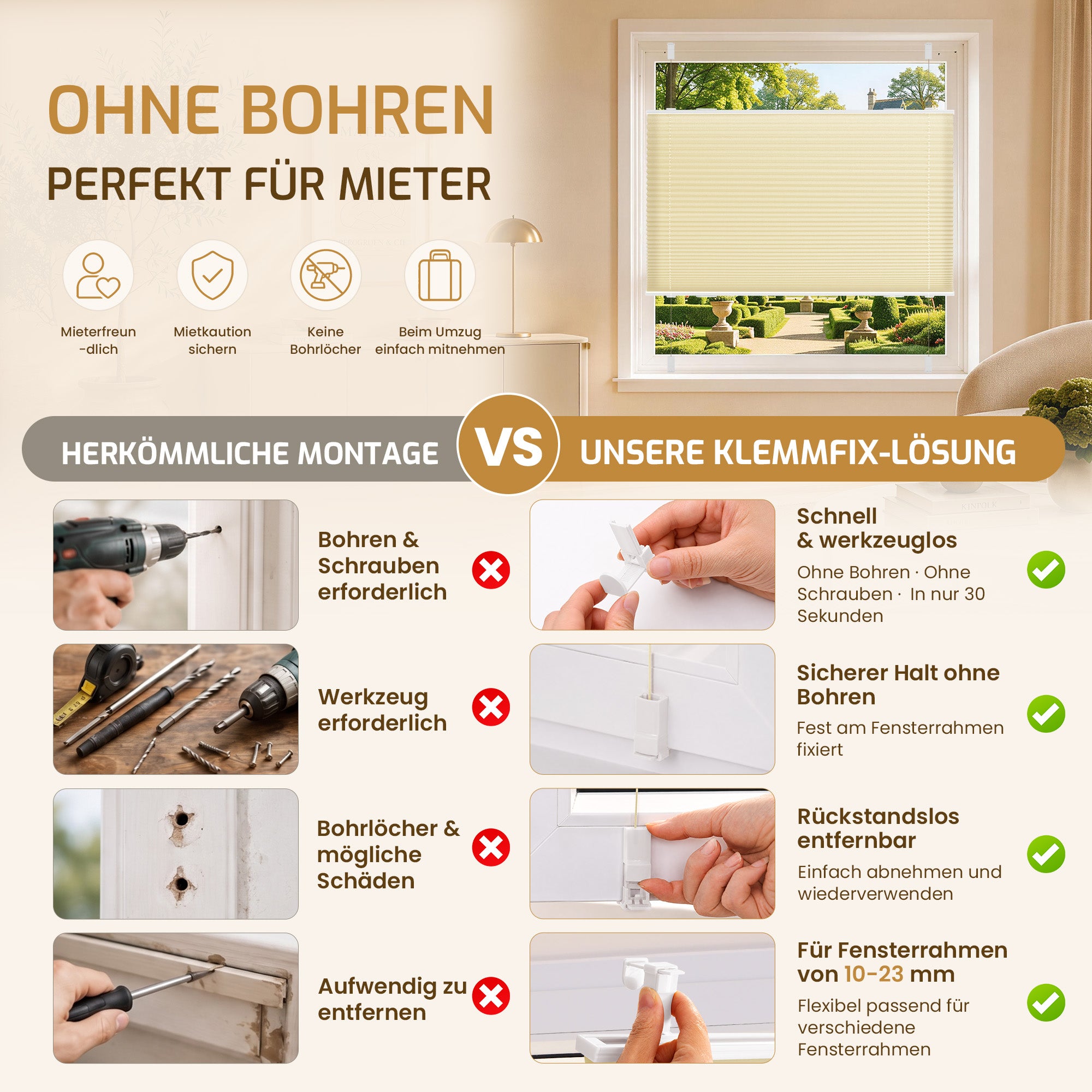 Lichtdurchlässiges Plissee Klemmfix ohne Bohren –Creme
