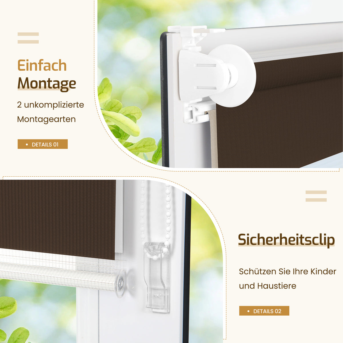 Doppelrollo Klemmfix ohne Bohren –Weiß/Beige/Braun