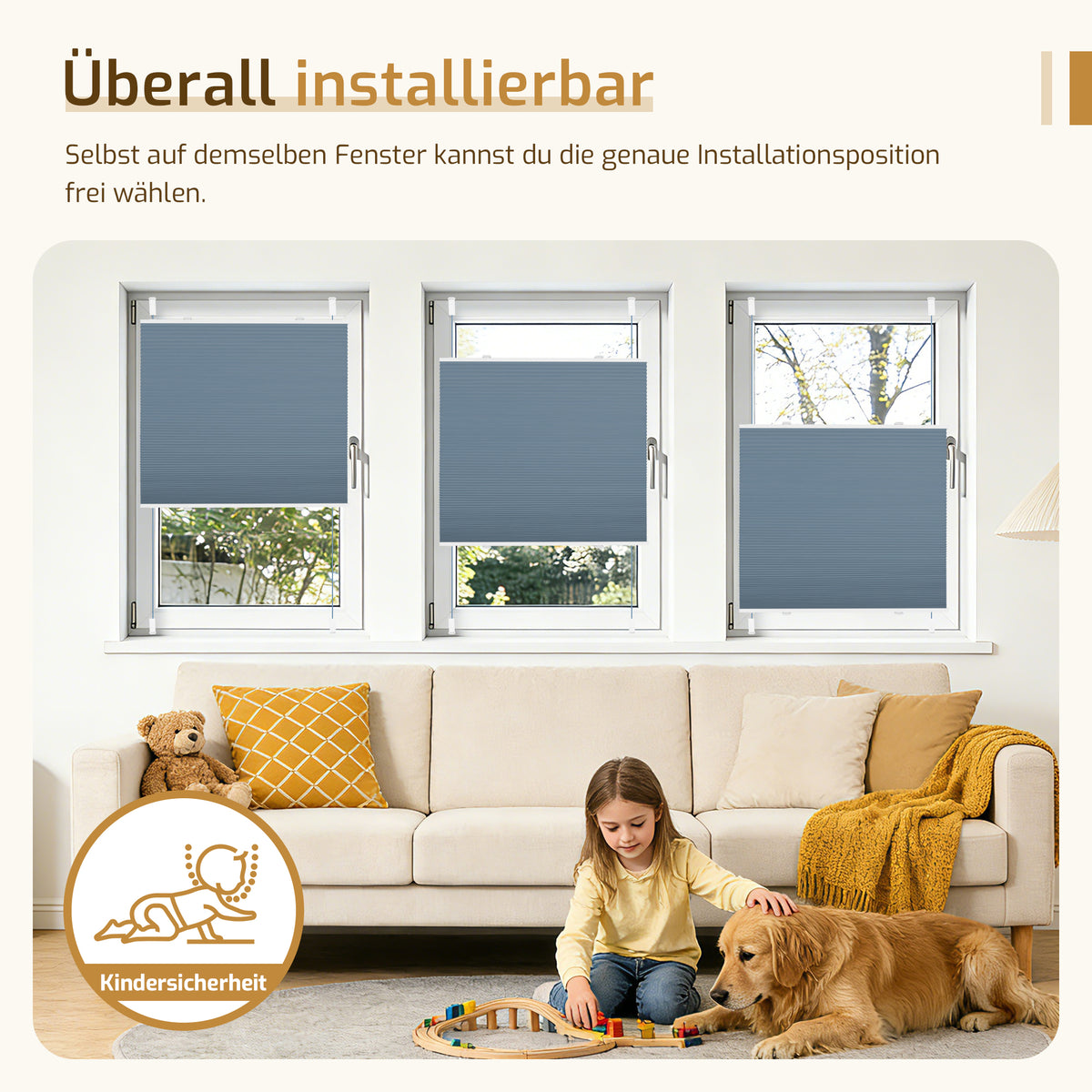 Verdunkelndes Wabenplissee Klemmfix ohne Bohren mit Thermo-Effekt –Weiß/Blau