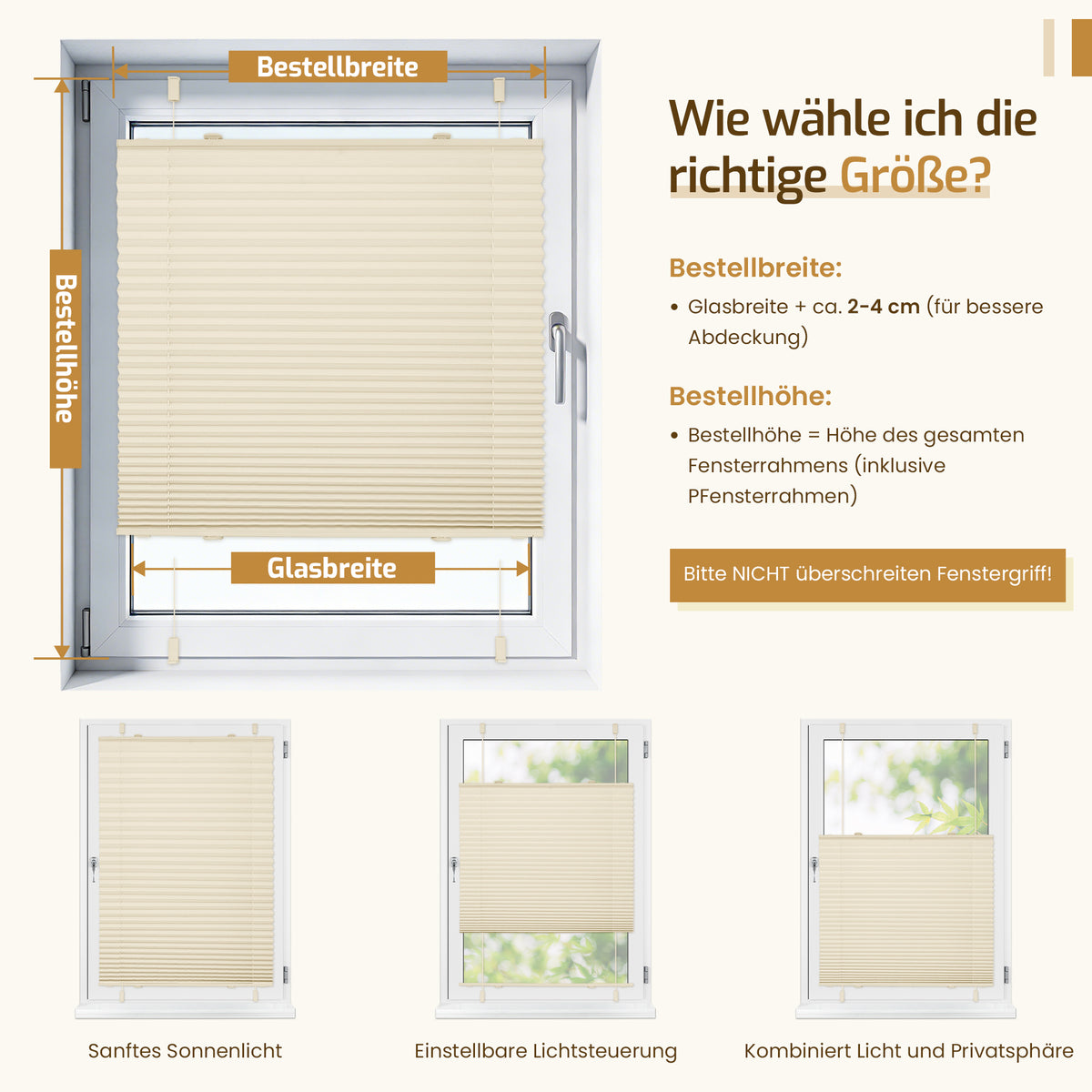 Lichtdurchlässiges Plissee Klemmfix ohne Bohren –Beige