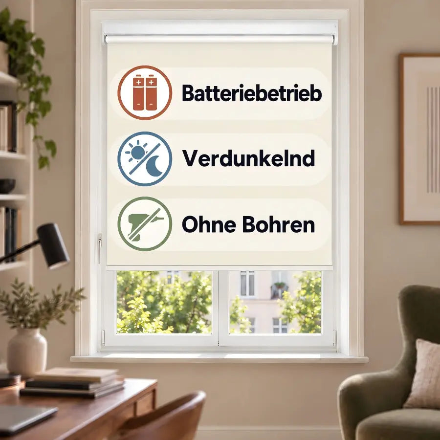 Elektrisches Verdunkelungsrollo M100 mit Batterie –Creme