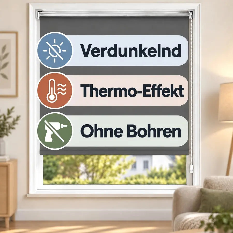 Verdunkelungsrollo Klemmfix ohne Bohren mit Thermo-Effekt –Dunkelgrau