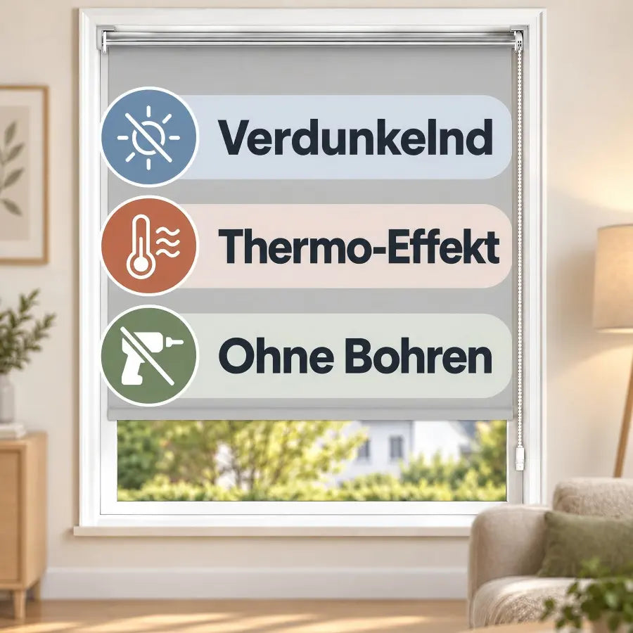 Verdunkelungsrollo Klemmfix ohne Bohren mit Thermo-Effekt –Hellgrau